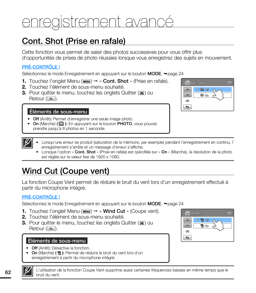 Samsung HMX-T10WP/EDC manual Cont. Shot Prise en rafale, Wind Cut Coupe vent, enregistrement avancé, Éléments de sous-menu 