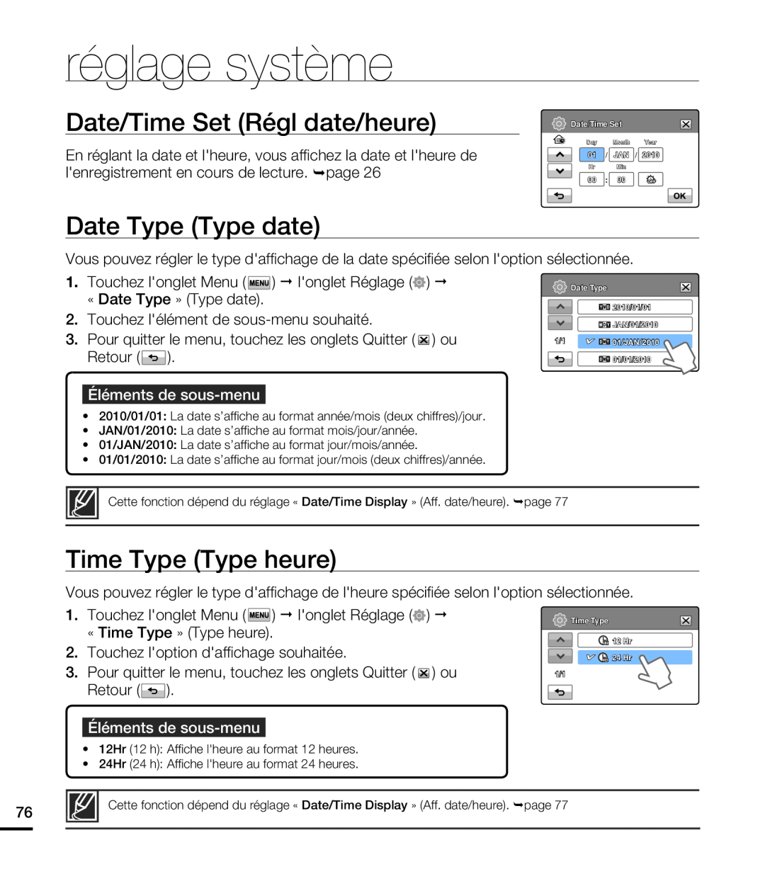 Samsung HMX-T10WP/XEU manual Date/Time Set Régl date/heure, Date Type Type date, Time Type Type heure, réglage système 