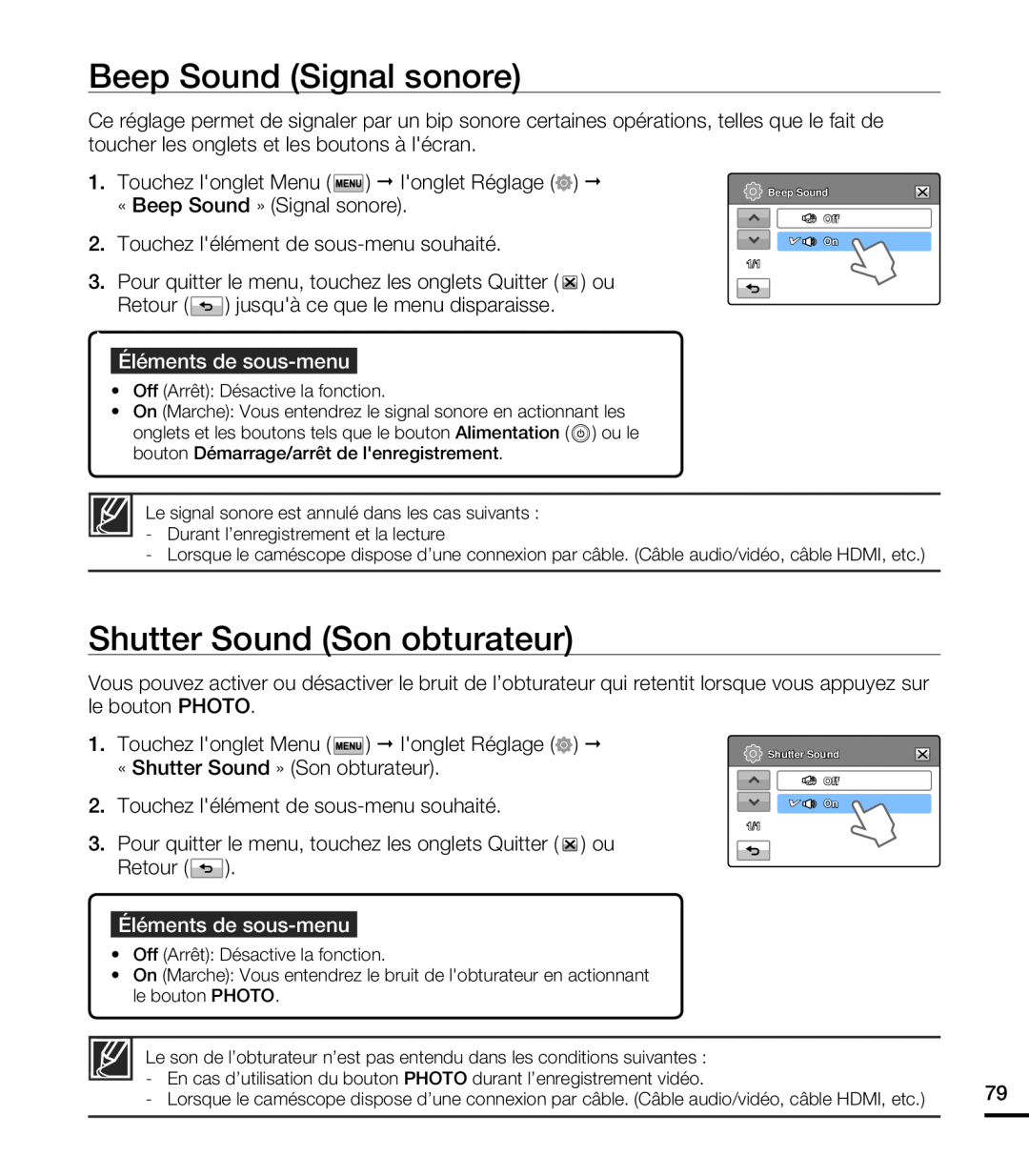 Samsung HMX-T10OP/EDC Beep Sound Signal sonore, Shutter Sound Son obturateur, Éléments de sous-menu, Beep Sound Off On 1/1 