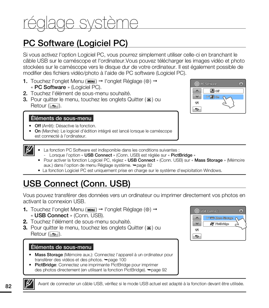 Samsung HMX-T10WP/EDC manual PC Software Logiciel PC, USB Connect Conn. USB, réglage système, Éléments de sous-menu 