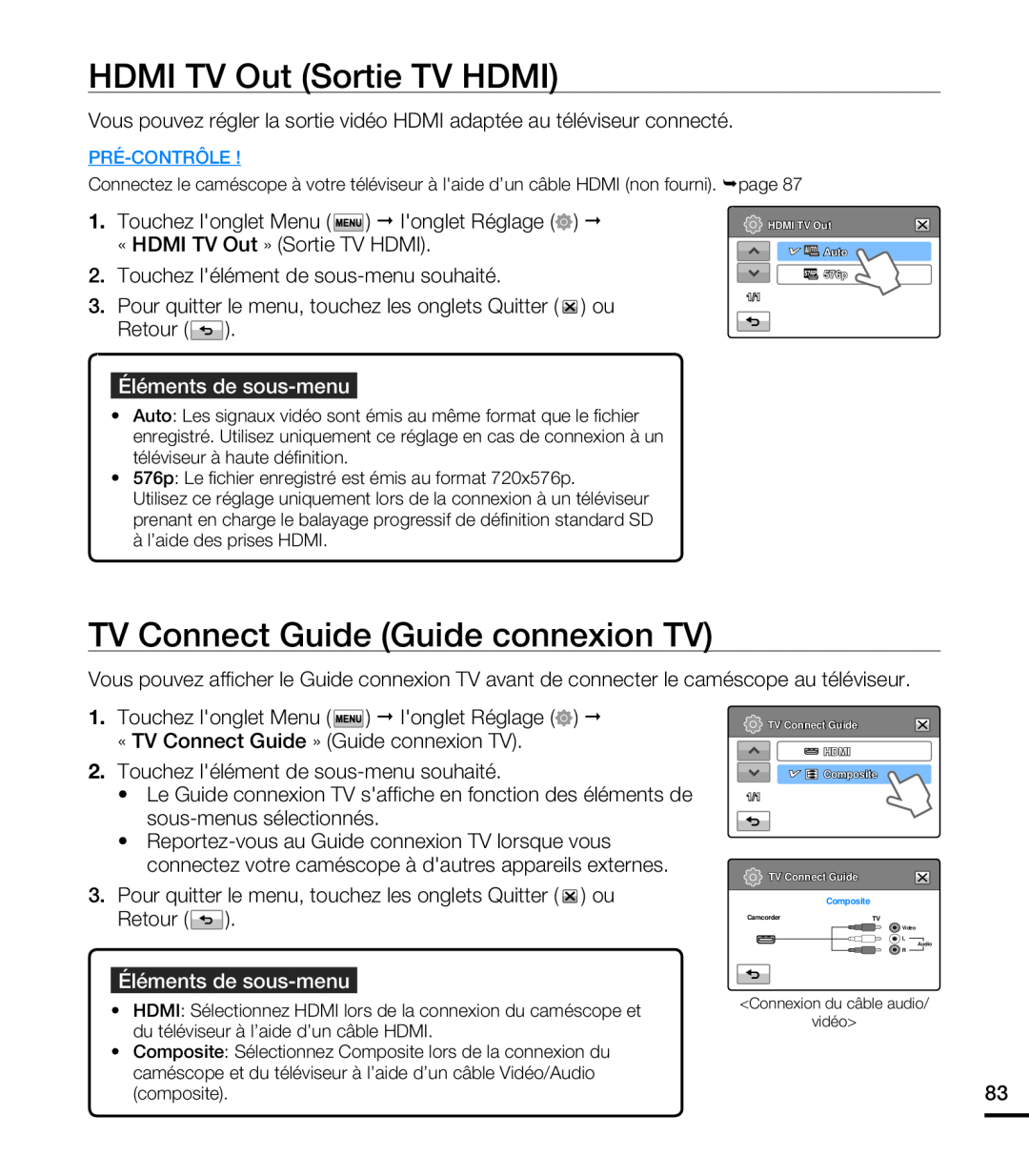 Samsung HMX-T10OP/EDC manual HDMI TV Out Sortie TV HDMI, TV Connect Guide Guide connexion TV, Éléments de sous-menu 
