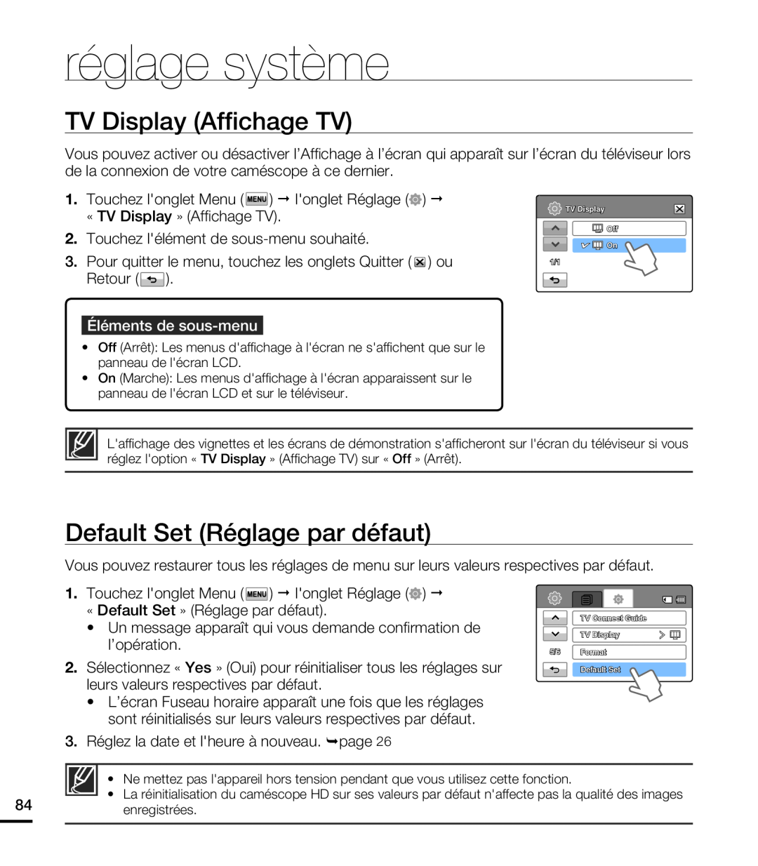 Samsung HMX-T10WP/XEU TV Display Affichage TV, Default Set Réglage par défaut, réglage système, Éléments de sous-menu 