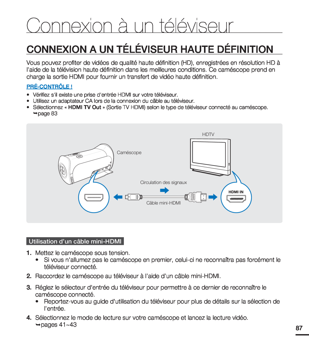 Samsung HMX-T10OP/EDC, HMX-T10WP/EDC, HMX-T10WP/XEU Connexion à un téléviseur, Connexion A Un Téléviseur Haute Définition 