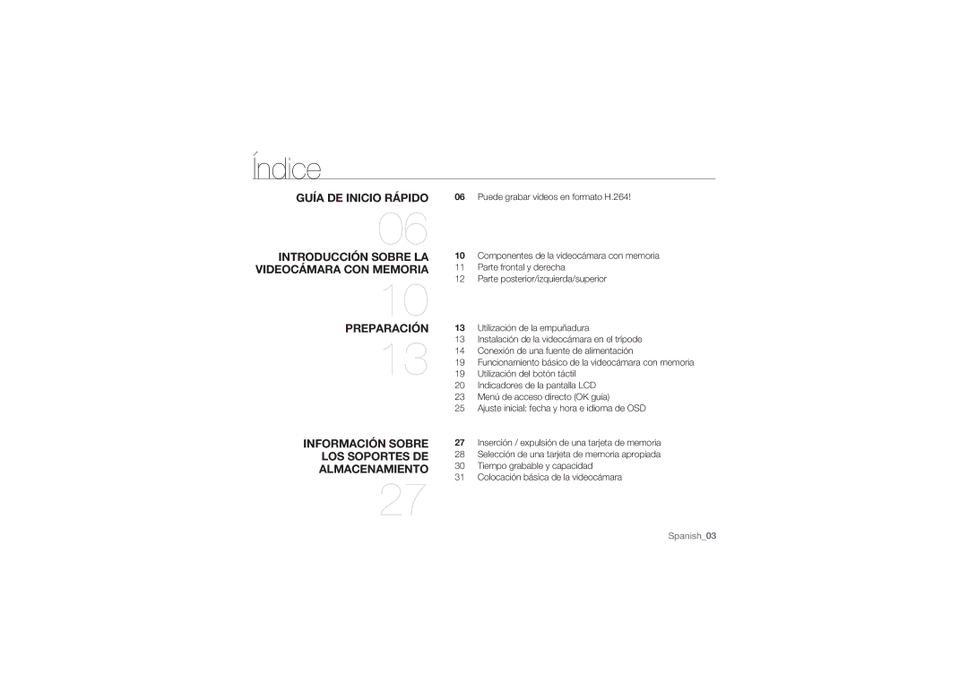 Samsung HMX-U10RP/EDC, HMX-U10BP/EDC, HMX-U100BP/EDC, HMX-U100RP/EDC manual Índice, Puede grabar vídeos en formato H.264 