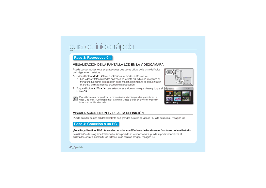 Samsung HMX-U10RP/EDC manual Visualización DE LA Pantalla LCD EN LA Videocámara, Visualización EN UN TV DE Alta Definición 