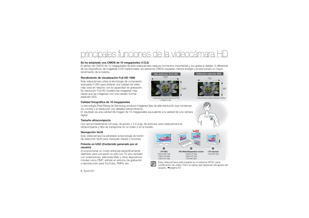 Samsung HMX-U100BP/EDC manual Se ha adoptado una Cmos de 10 megapíxeles 1/2,3, Rendimiento de visualización Full HD 