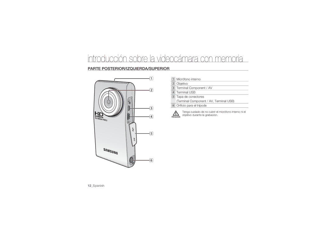 Samsung HMX-U10BP/EDC, HMX-U10RP/EDC, HMX-U100BP/EDC, HMX-U100RP/EDC, HMX-U10RP/XER manual Parte POSTERIOR/IZQUIERDA/SUPERIOR 