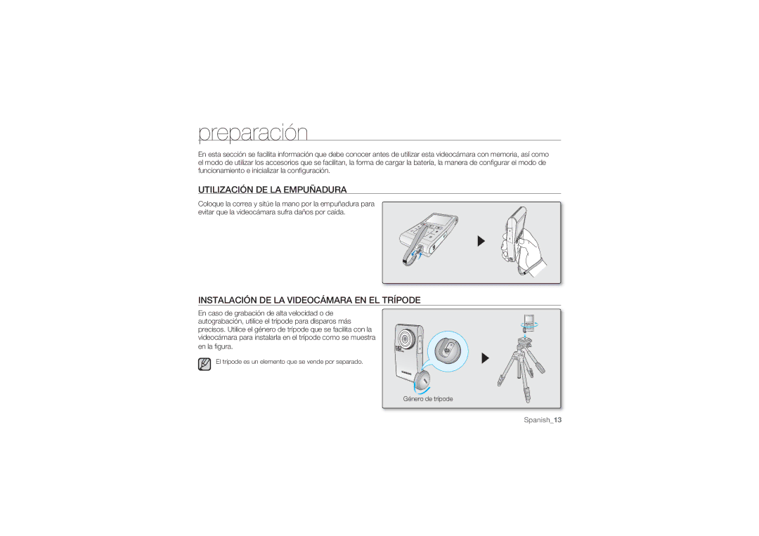 Samsung HMX-U10RP/EDC manual Preparación, Utilización DE LA Empuñadura, Instalación DE LA Videocámara EN EL Trípode 