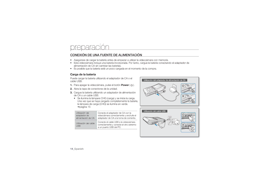 Samsung HMX-U100BP/EDC, HMX-U10BP/EDC, HMX-U10RP/EDC manual Conexión DE UNA Fuente DE Alimentación, Carga de la batería 