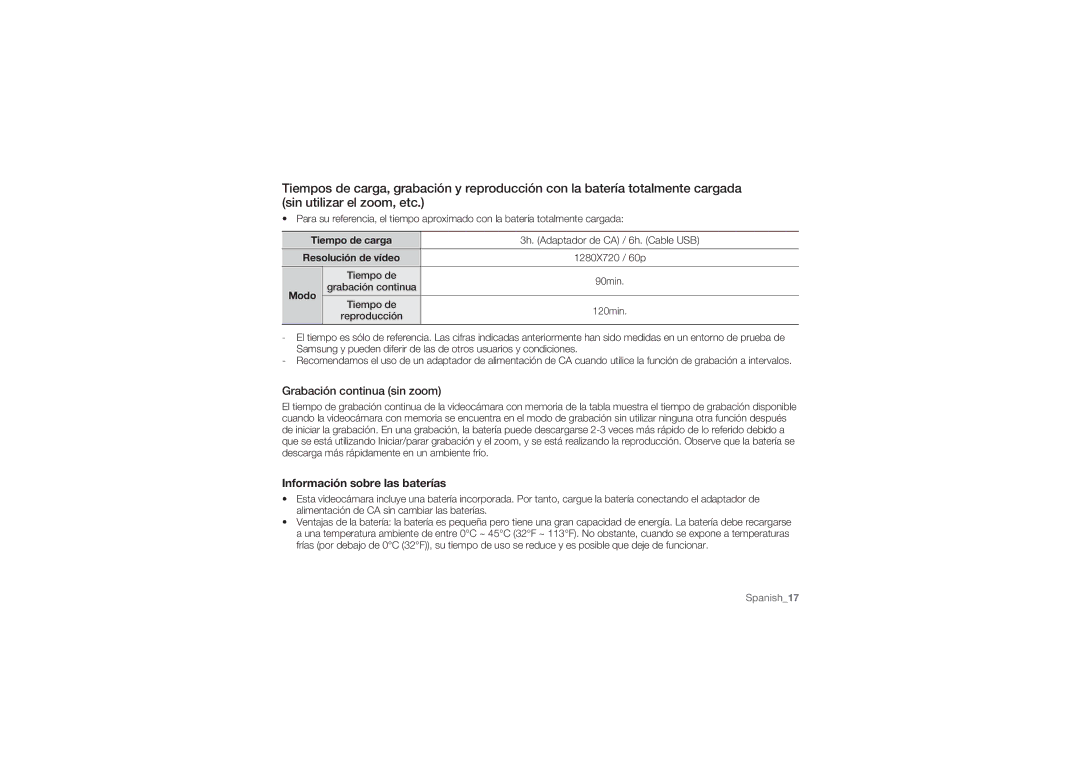 Samsung HMX-U10BP/EDC, HMX-U10RP/EDC, HMX-U100BP/EDC, HMX-U100RP/EDC Información sobre las baterías, Tiempo de carga, Modo 