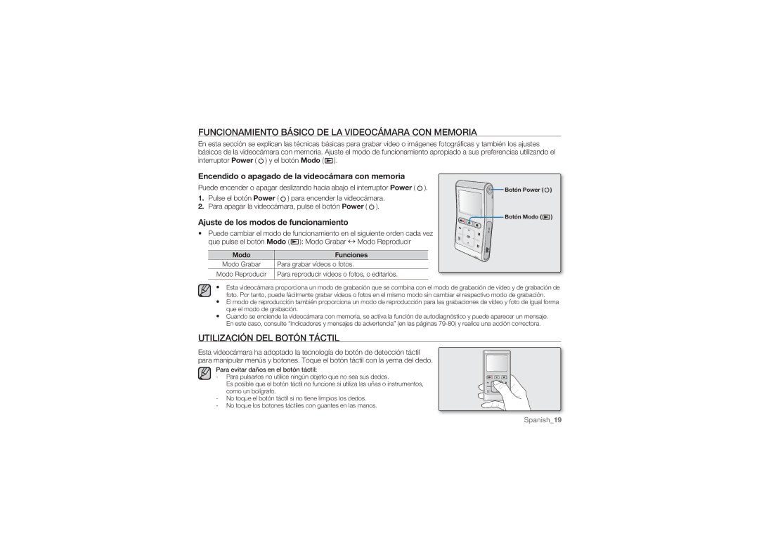 Samsung HMX-U100BP/EDC, HMX-U10BP/EDC Funcionamiento Básico DE LA Videocámara CON Memoria, Utilización DEL Botón Táctil 