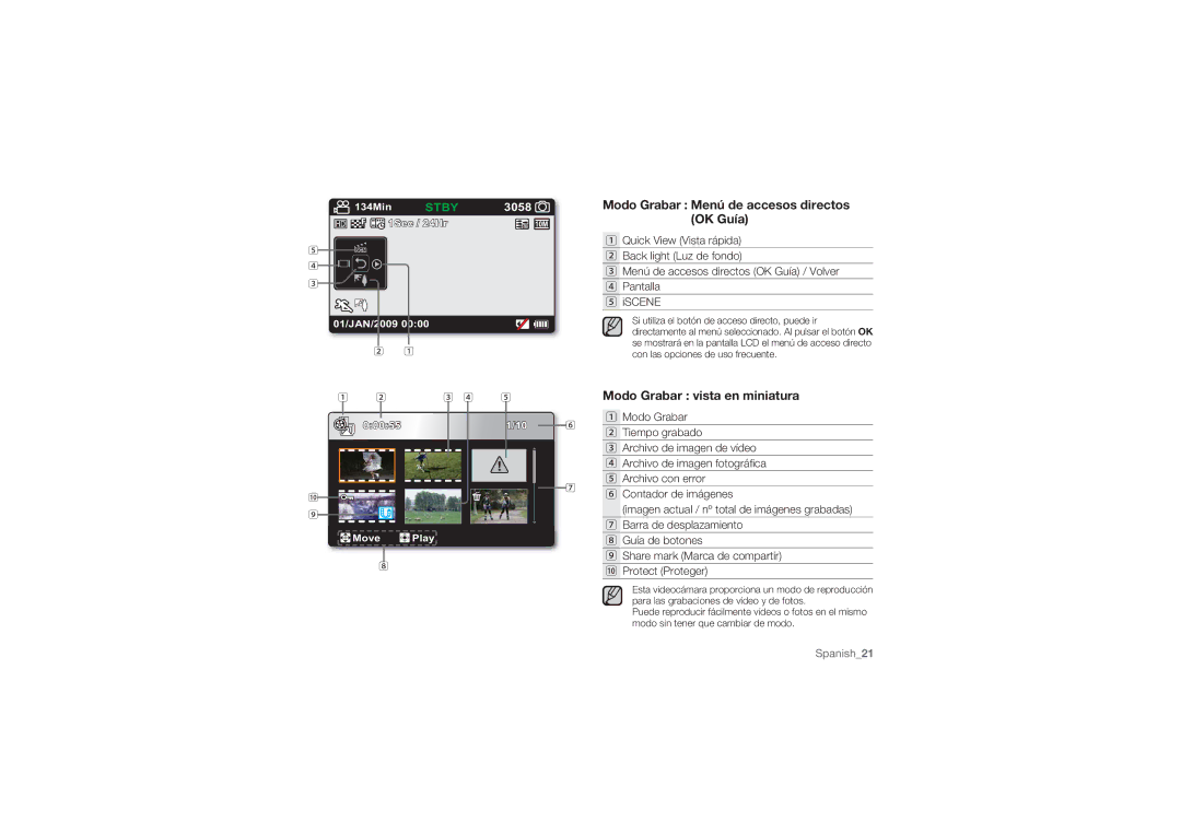 Samsung HMX-U10RP/XER manual Modo Grabar Menú de accesos directos, OK Guía, Modo Grabar vista en miniatura, Tiempo grabado 