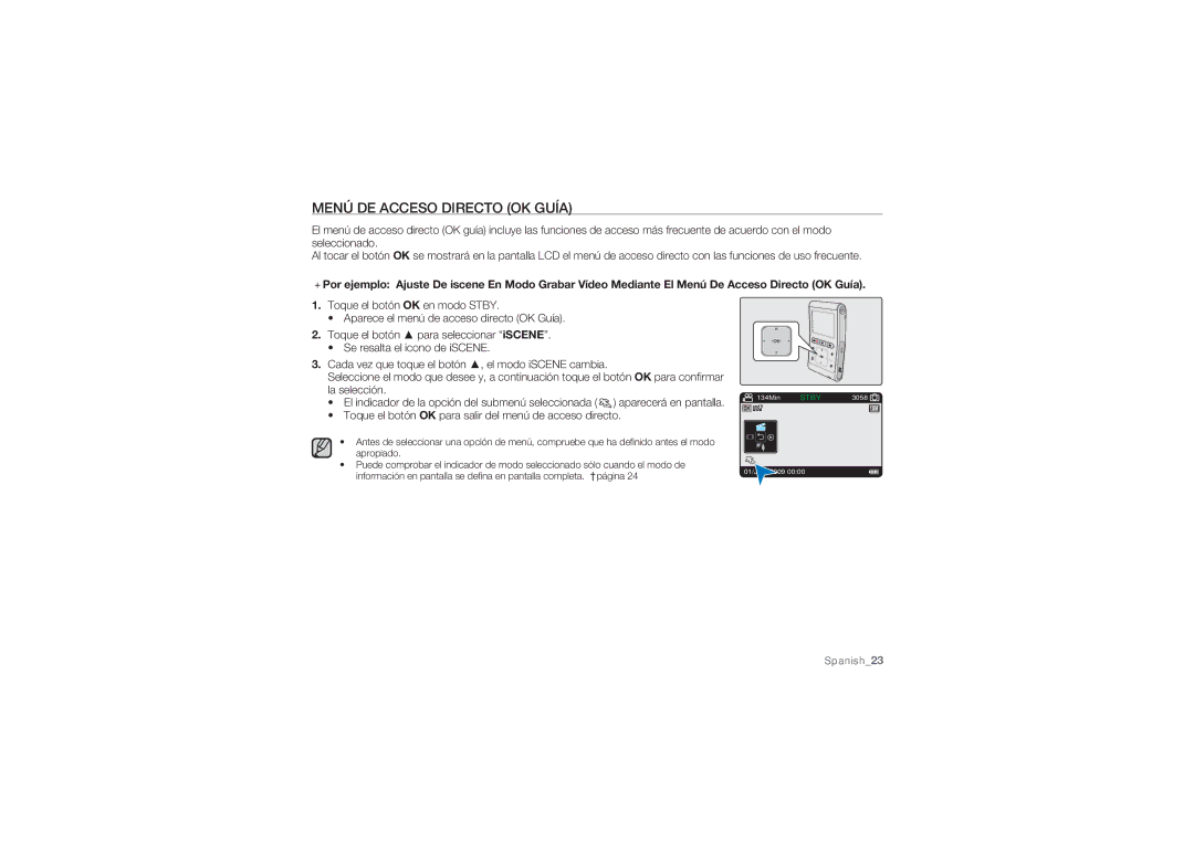 Samsung HMX-U10RP/EDC manual Menú DE Acceso Directo OK Guía, Toque el botón OK para salir del menú de acceso directo 