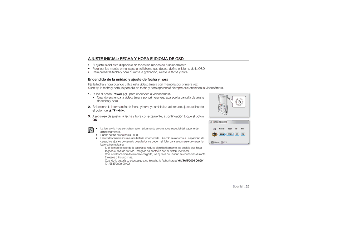 Samsung HMX-U100RP/EDC manual Ajuste Inicial Fecha Y Hora E Idioma DE OSD, Encendido de la unidad y ajuste de fecha y hora 