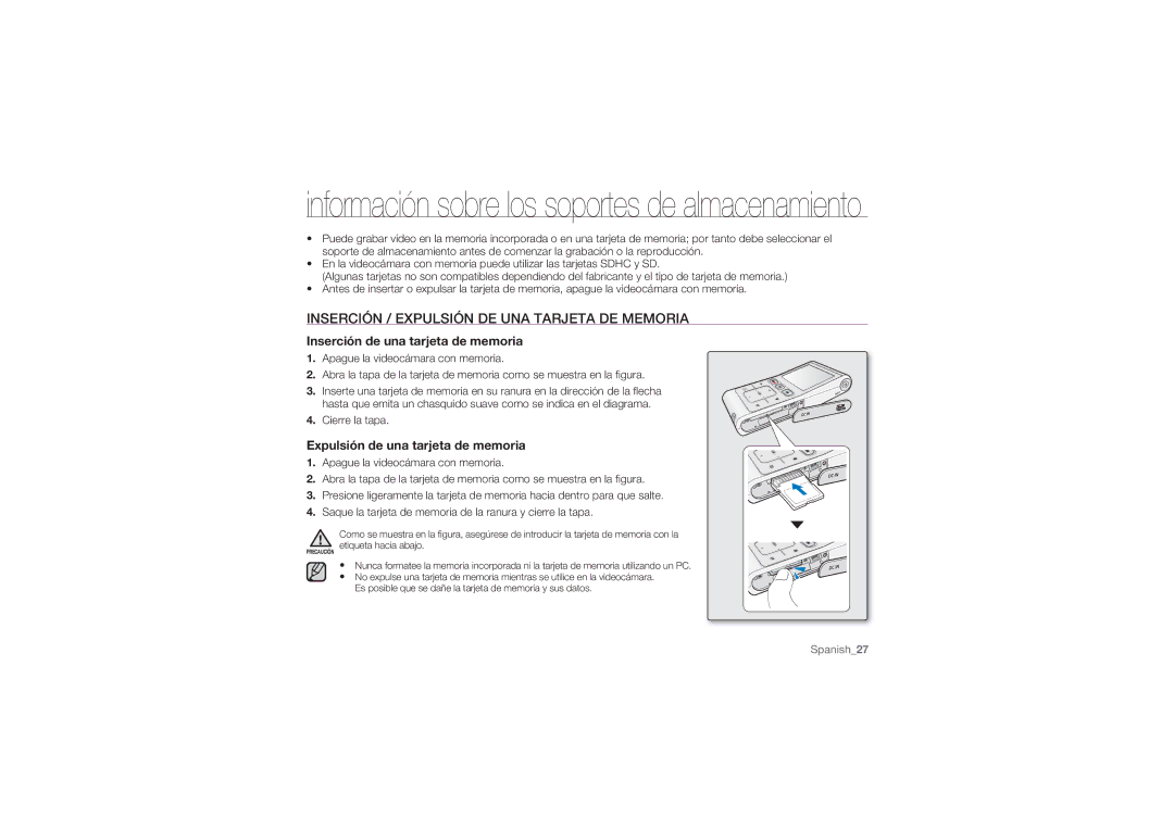 Samsung HMX-U10BP/EDC Inserción / Expulsión DE UNA Tarjeta DE Memoria, Inserción de una tarjeta de memoria, Cierre la tapa 