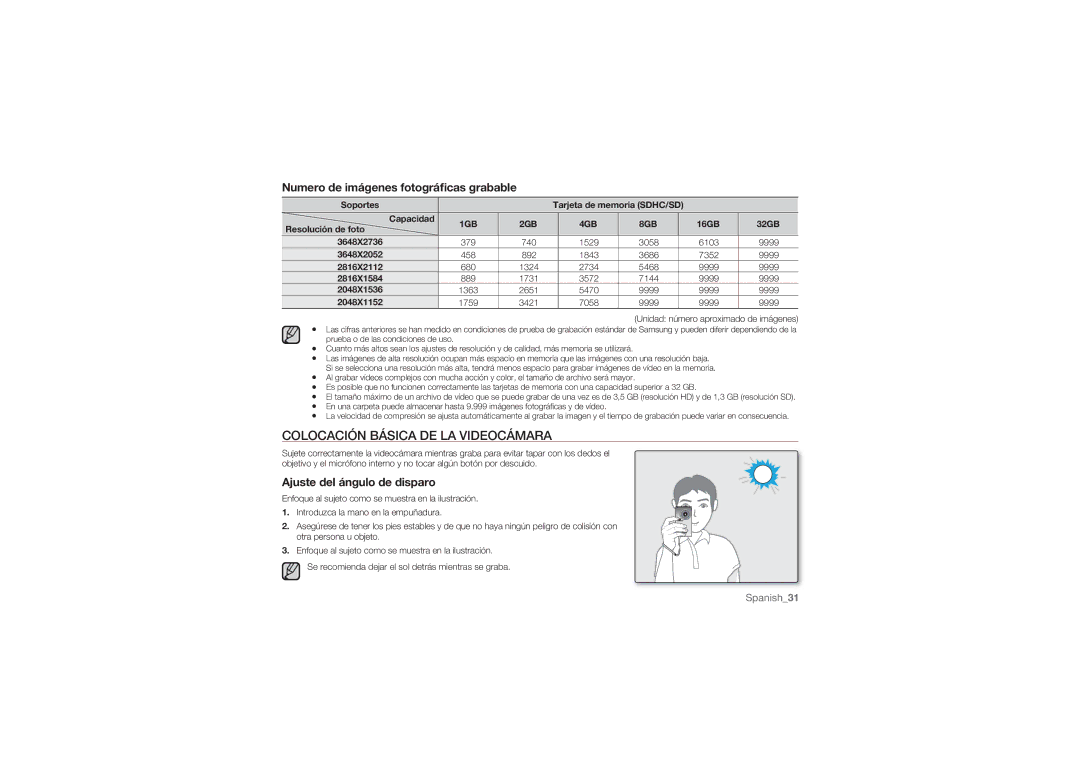 Samsung HMX-U10RP/XER, HMX-U10BP/EDC manual Colocación Básica DE LA Videocámara, Numero de imágenes fotográﬁcas grabable 