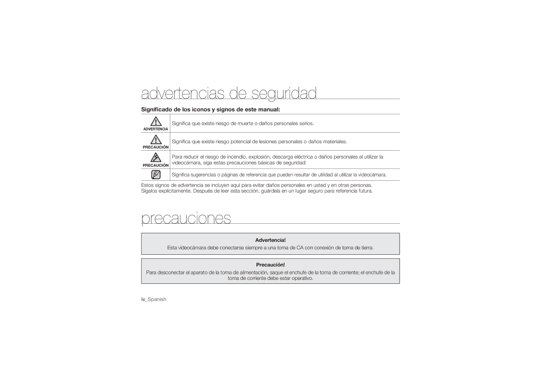 Samsung HMX-U10RP/XER Advertencias de seguridad, Precauciones, Signiﬁcado de los iconos y signos de este manual 