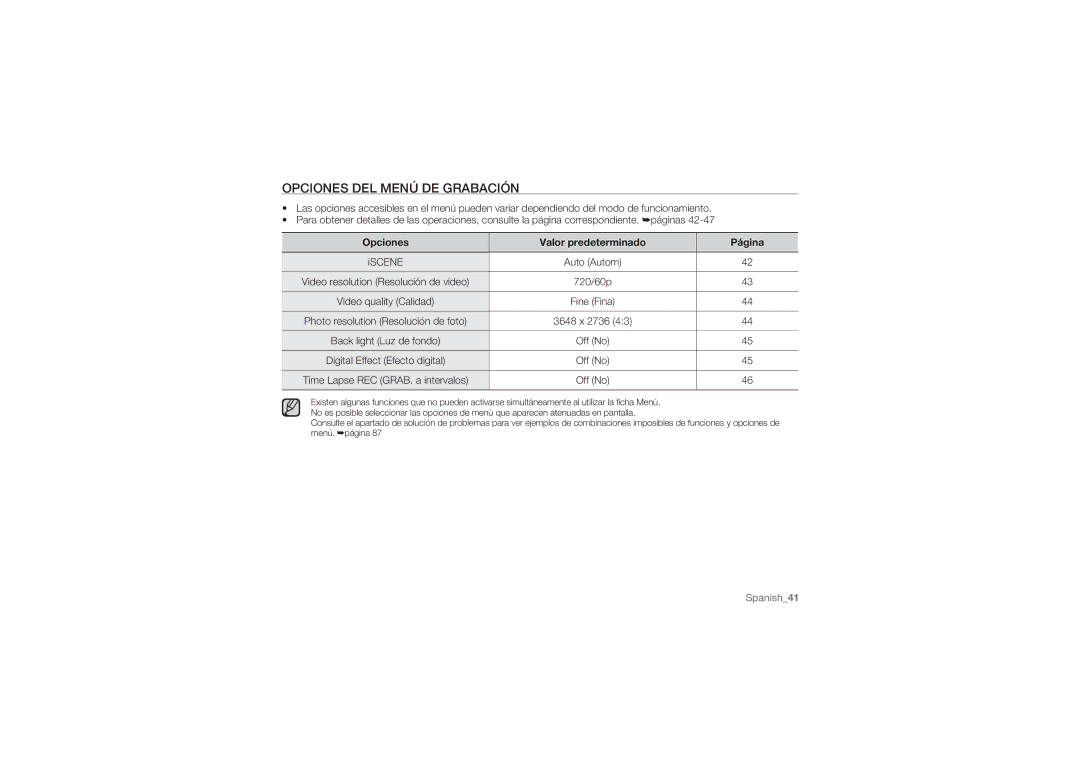 Samsung HMX-U10RP/XER, HMX-U10BP/EDC manual Opciones DEL Menú DE Grabación, Opciones Valor predeterminado Página, 720/60p 