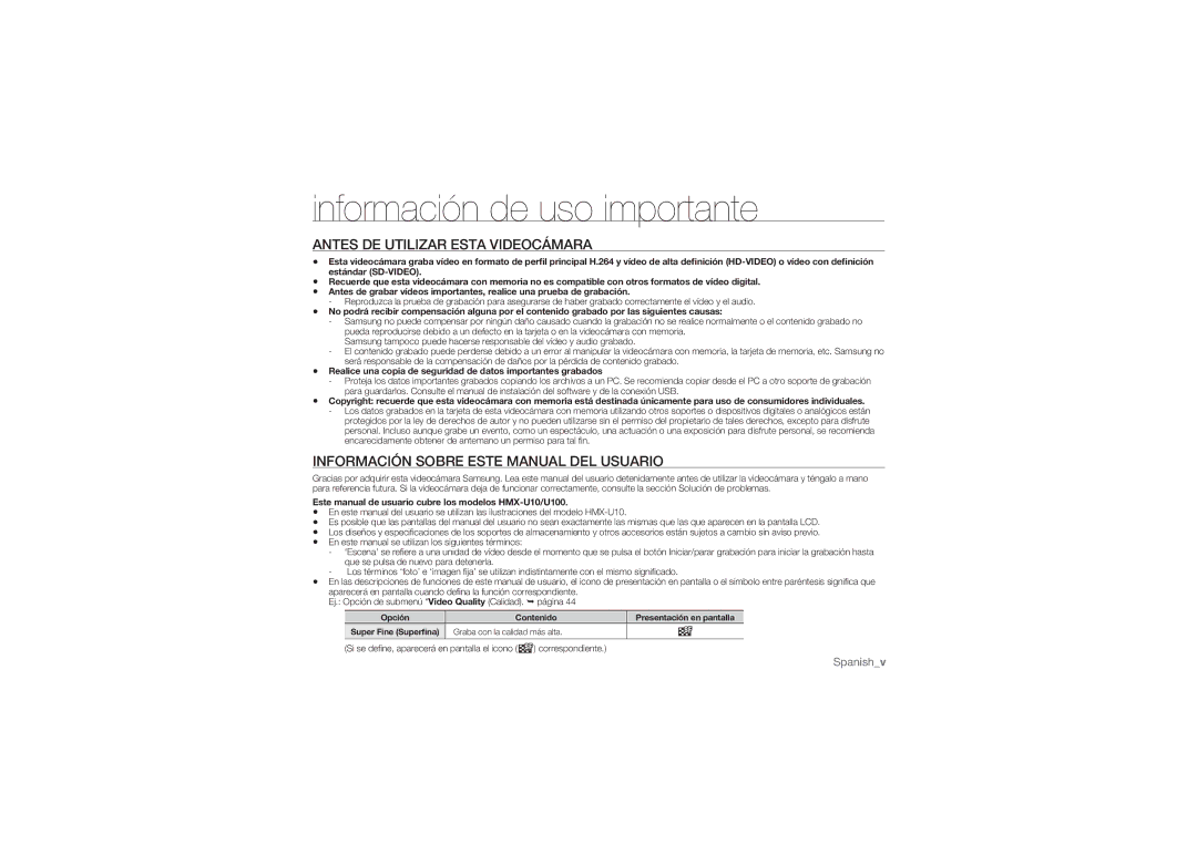 Samsung HMX-U10BP/EDC, HMX-U10RP/EDC, HMX-U100BP/EDC manual Información de uso importante, Antes DE Utilizar Esta Videocámara 