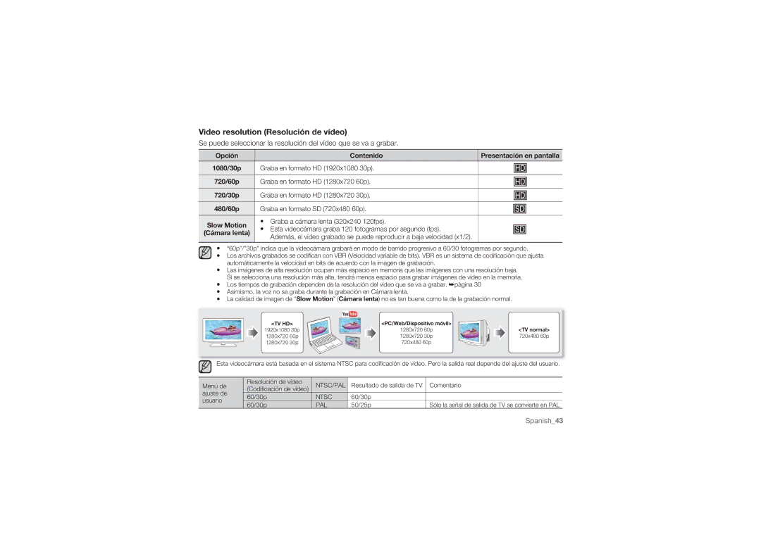 Samsung HMX-U10RP/EDC, HMX-U10BP/EDC, HMX-U100BP/EDC, HMX-U100RP/EDC, HMX-U10RP/XER manual Video resolution Resolución de vídeo 