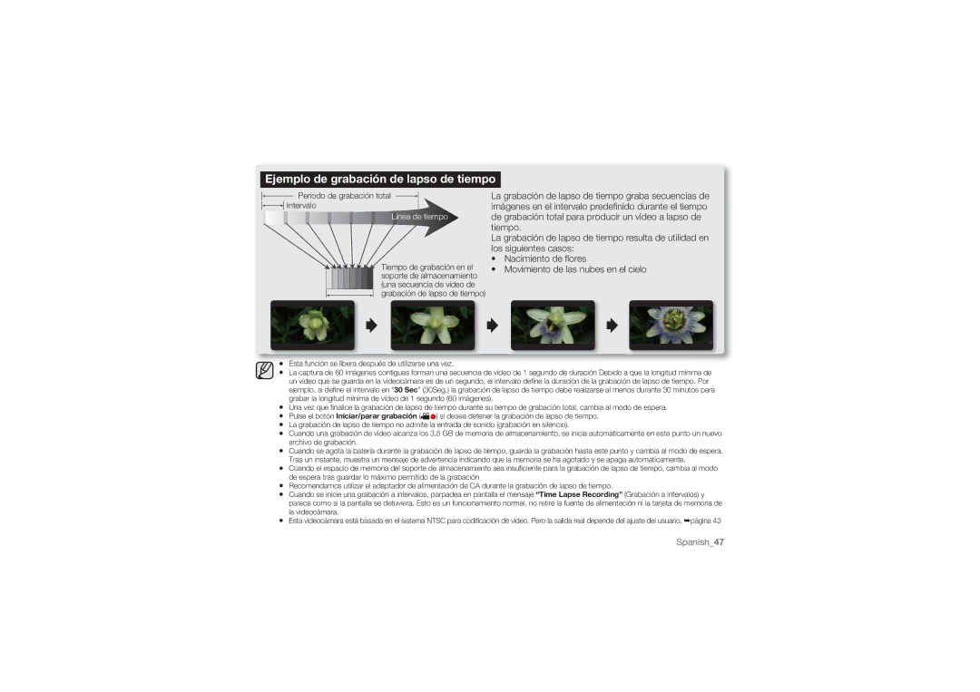 Samsung HMX-U10BP/EDC, HMX-U10RP/EDC manual Ejemplo de grabación de lapso de tiempo, Período de grabación total Intervalo 