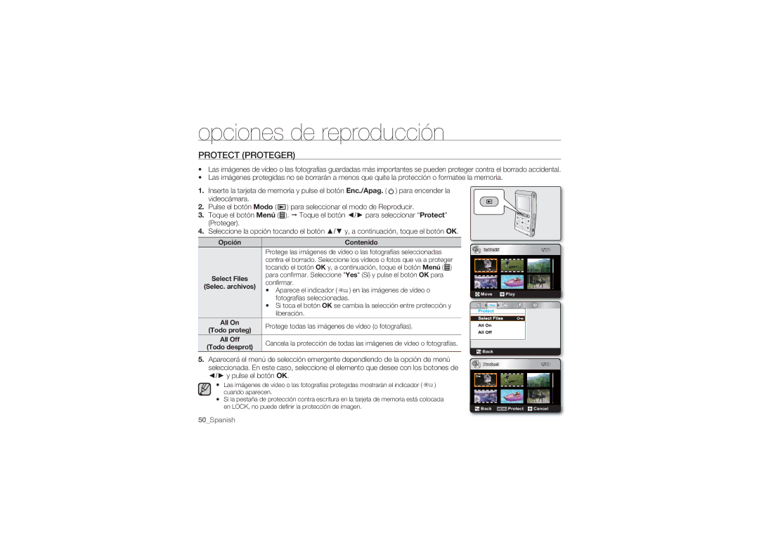 Samsung HMX-U100RP/EDC, HMX-U10BP/EDC, HMX-U10RP/EDC, HMX-U100BP/EDC manual Protect Proteger, Todo proteg, Todo desprot 