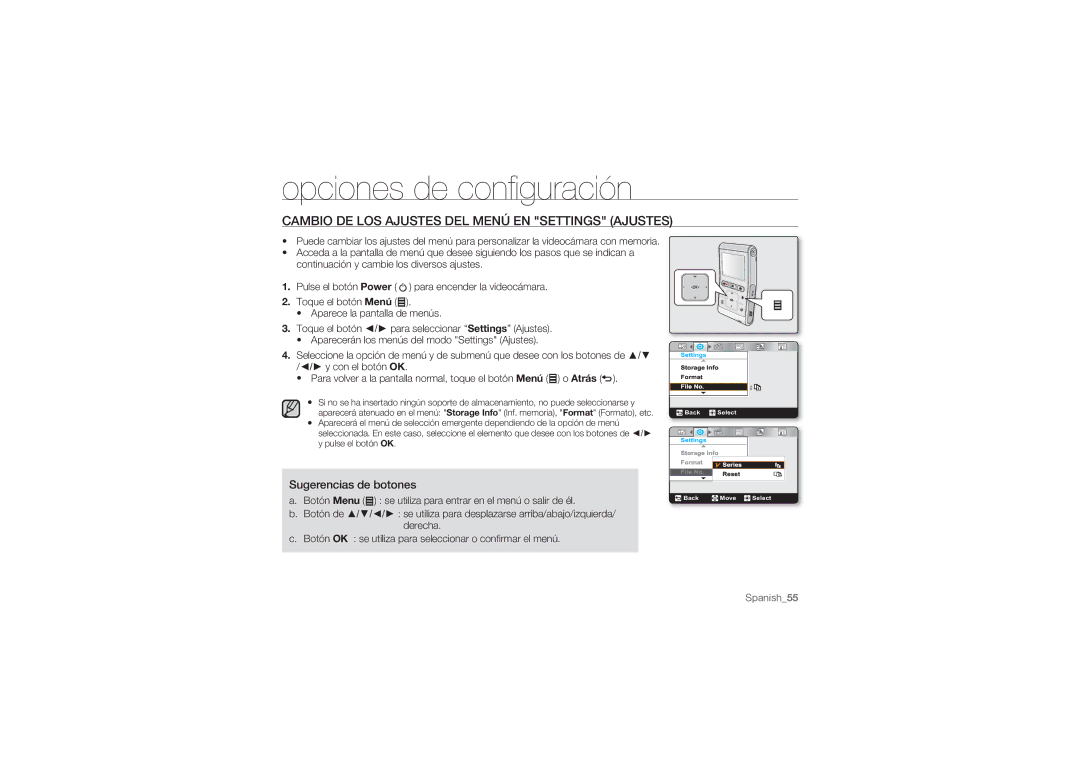 Samsung HMX-U100RP/EDC, HMX-U10BP/EDC manual Opciones de conﬁguración, Cambio DE LOS Ajustes DEL Menú EN Settings Ajustes 