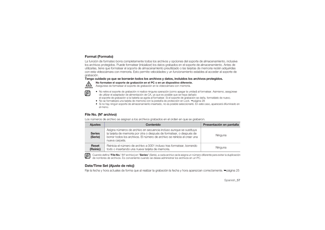 Samsung HMX-U10BP/EDC, HMX-U10RP/EDC, HMX-U100BP/EDC Format Formato, File No. Nº archivo, Date/Time Set Ajuste de reloj 