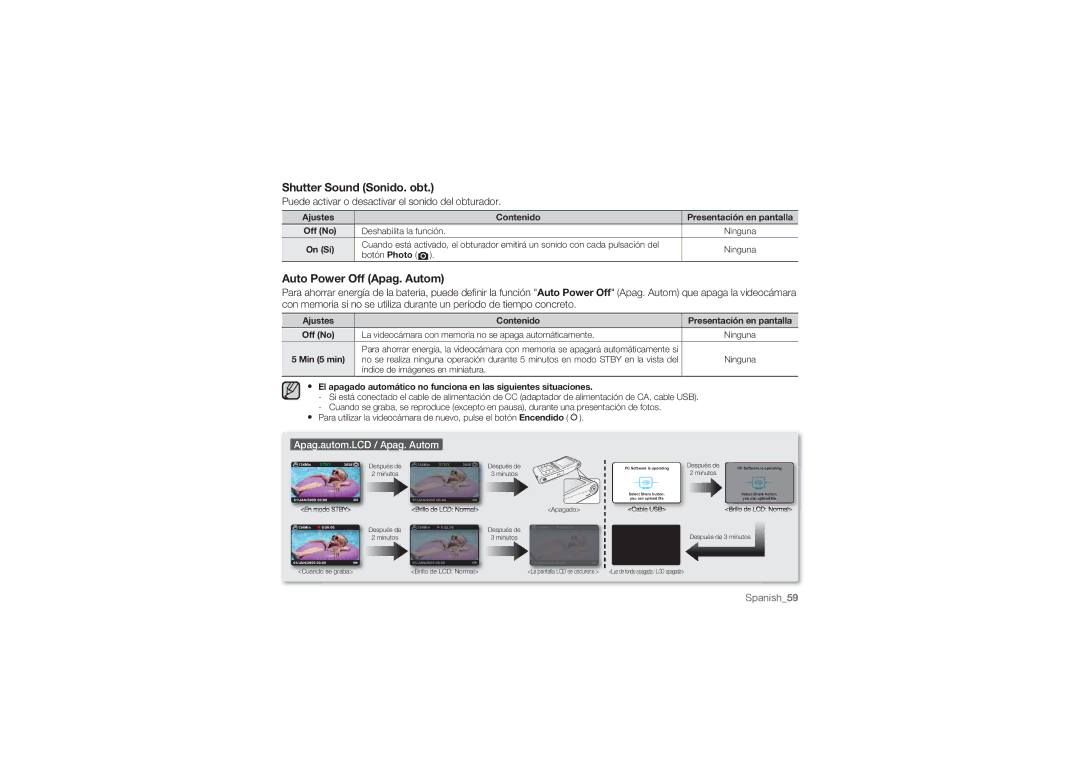 Samsung HMX-U100BP/EDC, HMX-U10BP/EDC, HMX-U10RP/EDC Shutter Sound Sonido. obt, Auto Power Off Apag. Autom, Botón Photo 