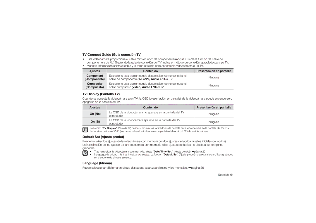 Samsung HMX-U10RP/XER, HMX-U10BP/EDC TV Connect Guide Guía conexión TV, TV Display Pantalla TV, Default Set Ajuste predet 