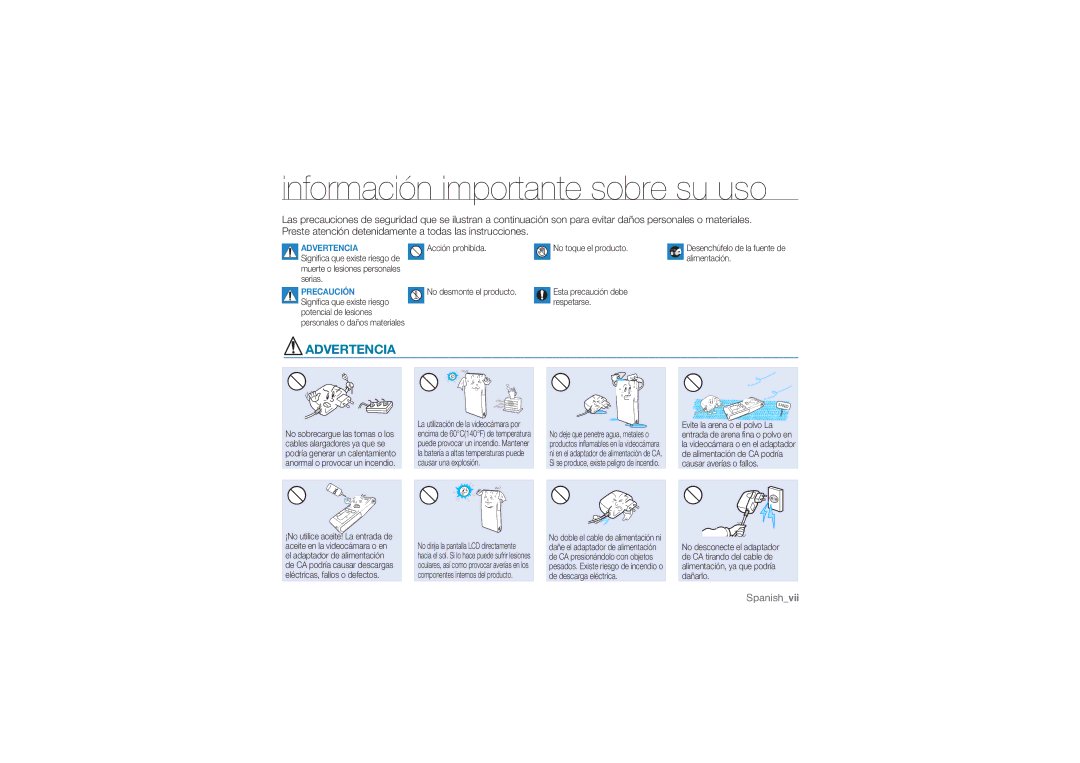 Samsung HMX-U100BP/EDC, HMX-U10BP/EDC, HMX-U10RP/EDC, HMX-U100RP/EDC manual Información importante sobre su uso, Advertencia 