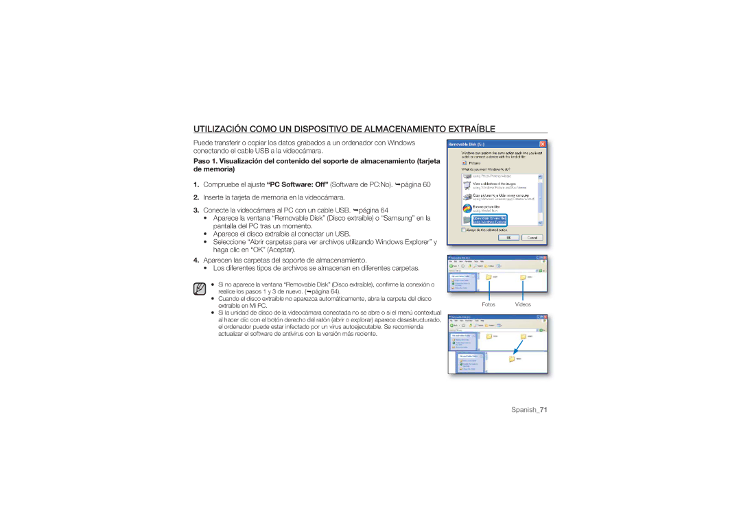 Samsung HMX-U10RP/XER, HMX-U10BP/EDC, HMX-U10RP/EDC manual Utilización Como UN Dispositivo DE Almacenamiento Extraíble 