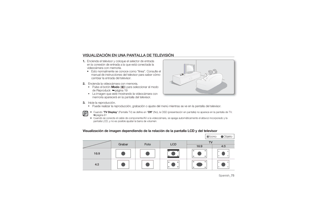 Samsung HMX-U100RP/EDC, HMX-U10BP/EDC manual Visualización EN UNA Pantalla DE Televisión, Icono Objeto Grabar Foto, 169 