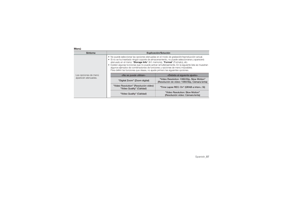 Samsung HMX-U10BP/EDC, HMX-U10RP/EDC, HMX-U100BP/EDC manual Menú, Video Resolution Resolución vídeo, Video Quality Calidad 