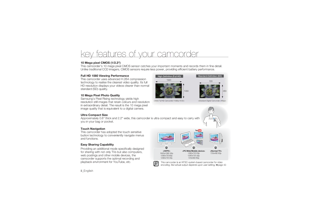 Samsung HMX-U10UP/EDC, HMX-U10BP/EDC, HMX-U10RP/EDC, HMX-U10EP/EDC, HMX-U10SP/EDC manual Key features of your camcorder 