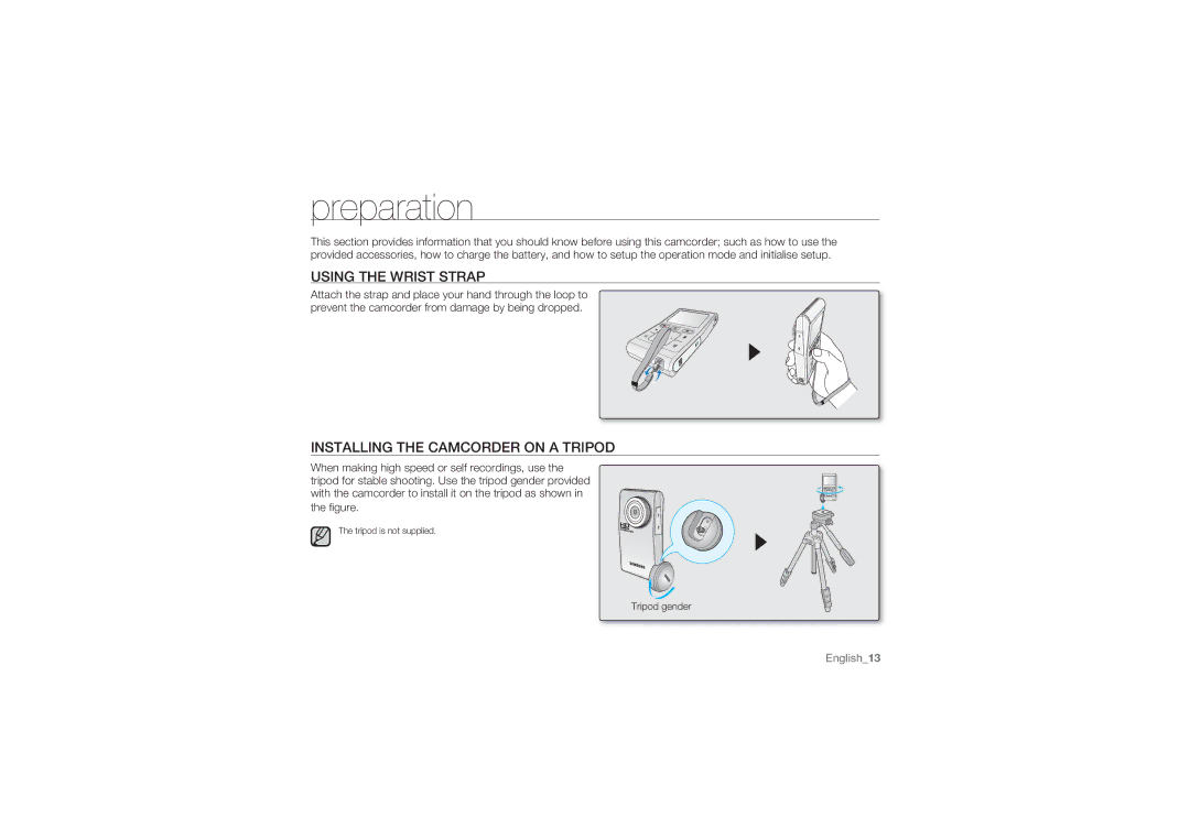 Samsung HMX-U10RP/XIL, HMX-U10BP/EDC manual Preparation, Using the Wrist Strap, Installing the Camcorder on a Tripod 