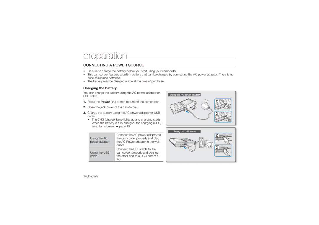 Samsung HMX-U10BP/EDC, HMX-U10RP/EDC, HMX-U10UP/EDC, HMX-U10EP/EDC manual Connecting a Power Source, Charging the battery 