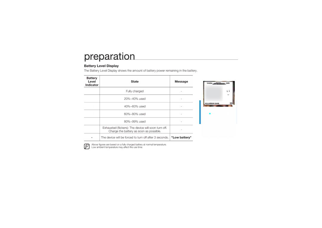 Samsung HMX-U10UP/EDC, HMX-U10BP/EDC, HMX-U10RP/EDC, HMX-U10EP/EDC, HMX-U10SP/EDC, HMX-U100BP/EDC manual Battery Level Display 