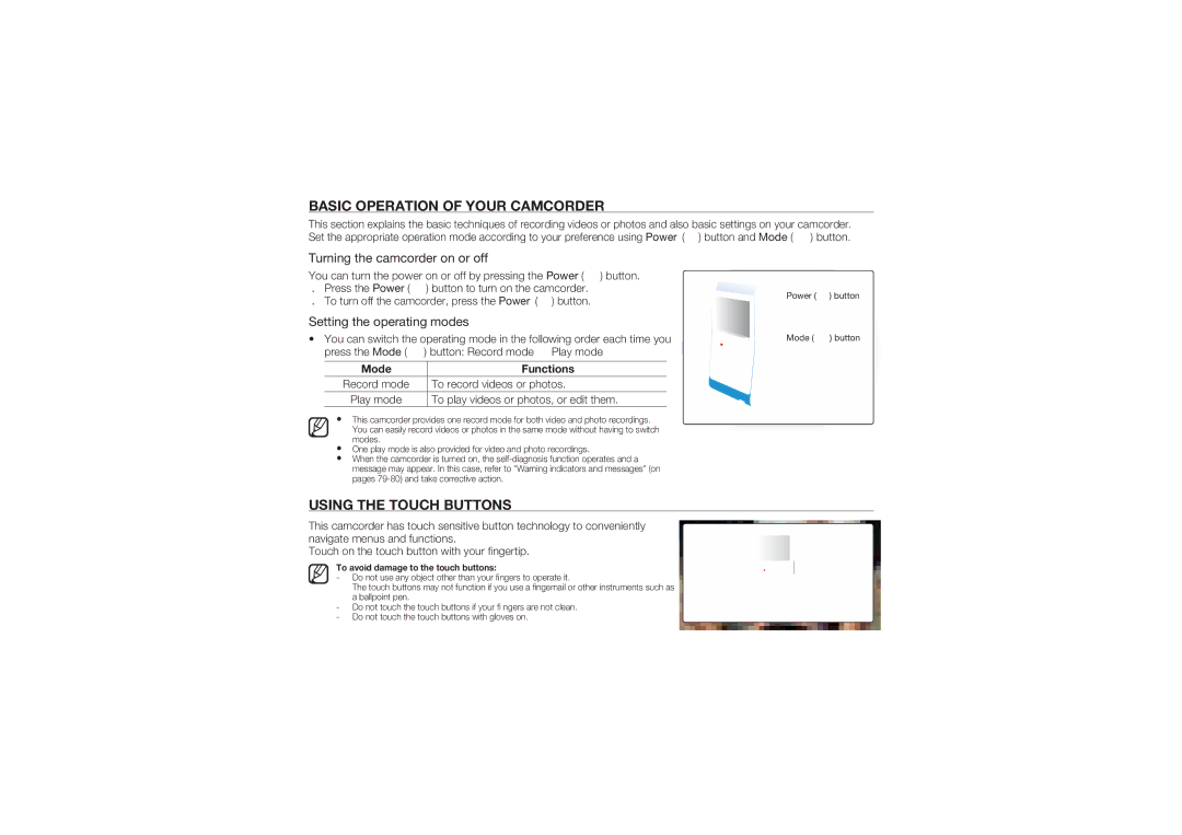 Samsung HMX-U100BP/EDC manual Basic Operation of Your Camcorder, Using the Touch Buttons, Turning the camcorder on or off 