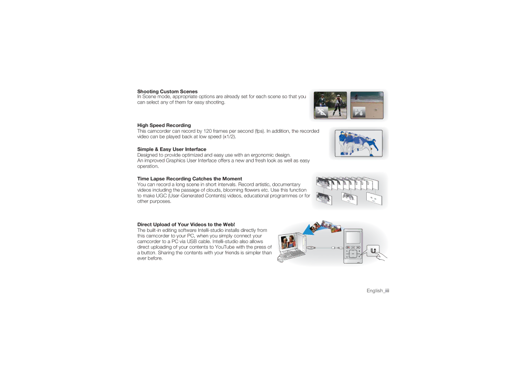 Samsung HMX-U10EP/EDC, HMX-U10BP/EDC manual Shooting Custom Scenes, High Speed Recording, Simple & Easy User Interface 