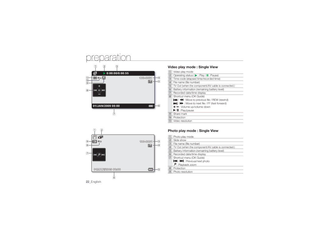 Samsung HMX-U10SP/AAW, HMX-U10BP/EDC, HMX-U10RP/EDC, HMX-U10UP/EDC Video play mode Single View, Photo play mode Single View 