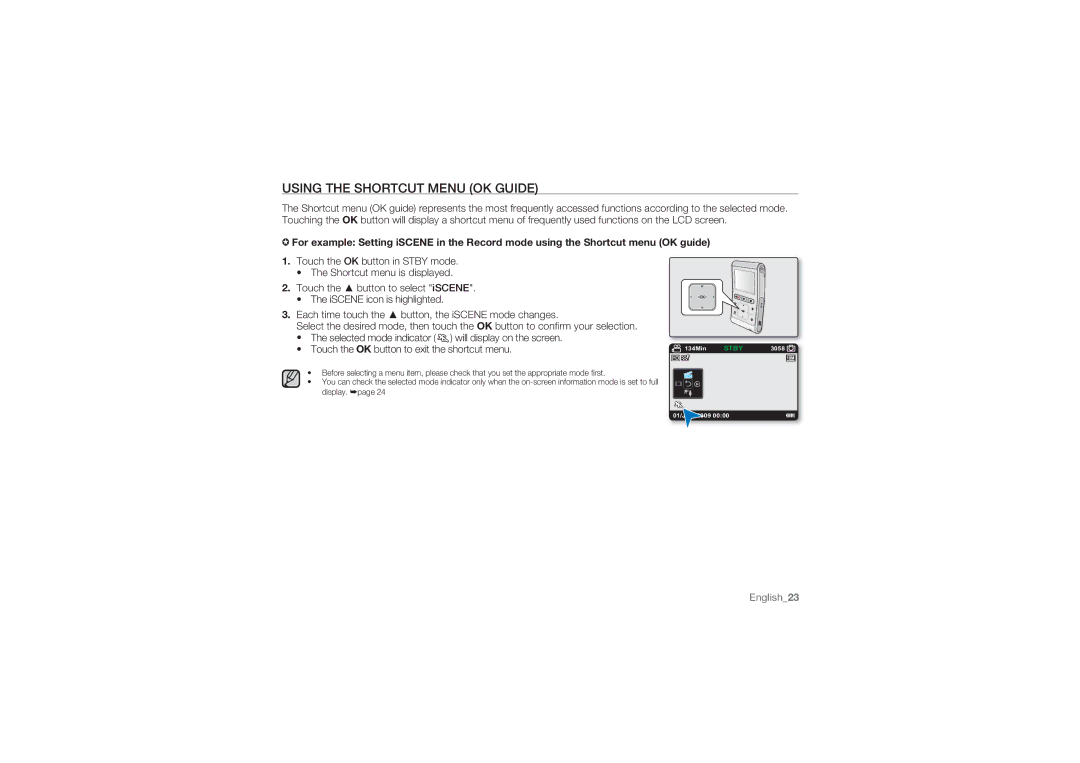 Samsung HMX-U10RP/AAW, HMX-U10BP/EDC, HMX-U10RP/EDC, HMX-U10UP/EDC, HMX-U10EP/EDC manual Using the Shortcut Menu OK Guide 