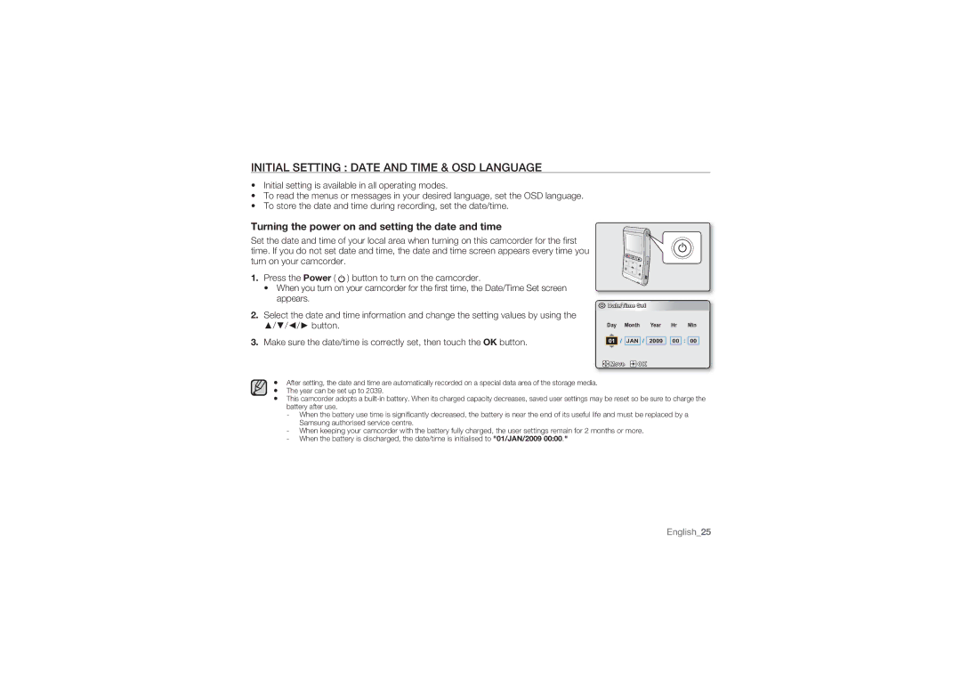 Samsung HMX-U10BP/MEA Initial Setting Date and Time & OSD Language, Turning the power on and setting the date and time 