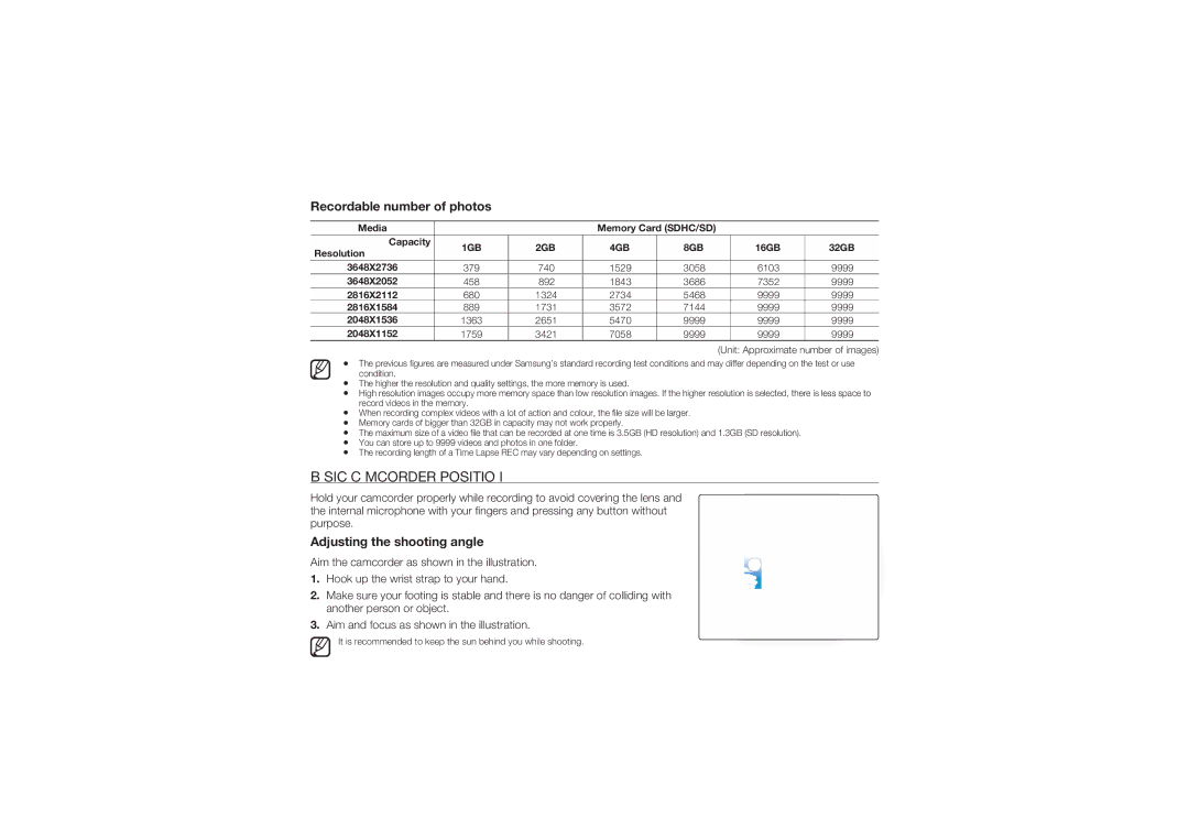 Samsung HMX-U10UP/XER manual Basic Camcorder Positioning, Recordable number of photos, Adjusting the shooting angle 