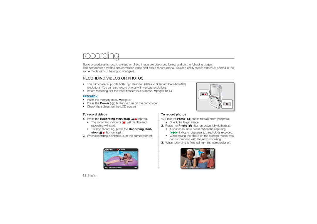 Samsung HMX-U10SP/XIL manual Recording Videos or Photos, To record videos Press the Recording start/stop button 