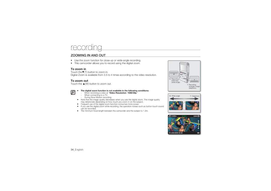 Samsung HMX-U10UP/XIL, HMX-U10BP/EDC, HMX-U10RP/EDC, HMX-U10UP/EDC, HMX-U10EP/EDC manual Zooming in and OUT, To zoom out 