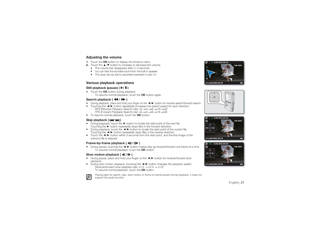 Samsung HMX-U10RP/EDC, HMX-U10BP/EDC, HMX-U10UP/EDC, HMX-U10EP/EDC manual Adjusting the volume, Various playback operations 