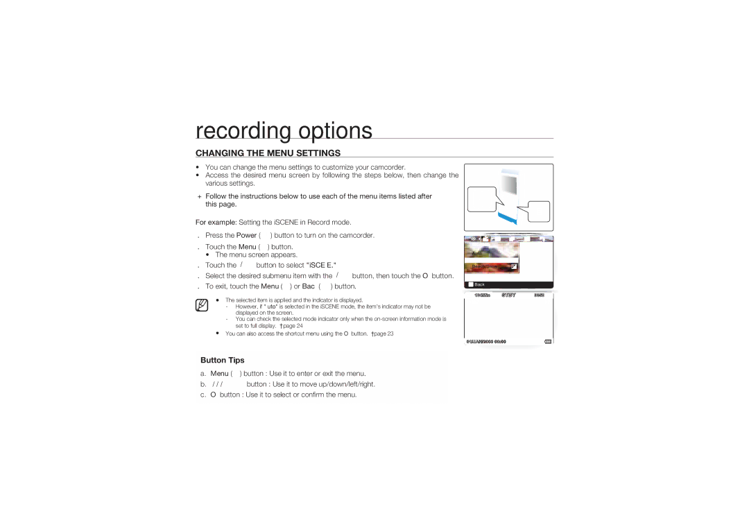 Samsung HMX-U10SP/EDC, HMX-U10BP/EDC, HMX-U10RP/EDC, HMX-U10UP/EDC manual Recording options, Changing the Menu Settings 