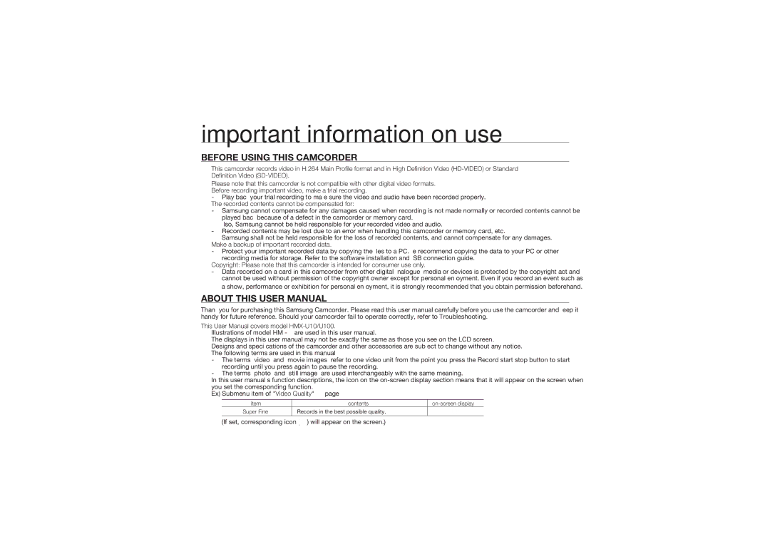 Samsung HMX-U100BP/EDC Important information on use, Before Using this Camcorder, Make a backup of important recorded data 