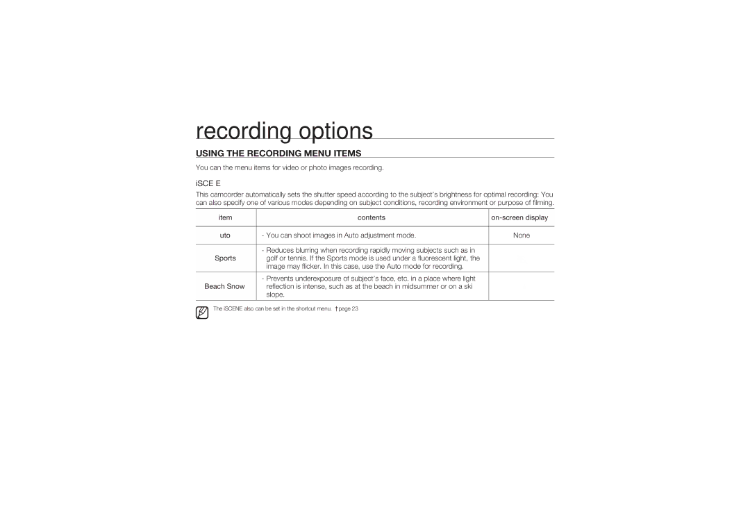 Samsung HMX-U100RP/EDC, HMX-U10BP/EDC, HMX-U10RP/EDC, HMX-U10UP/EDC manual Using the Recording Menu Items, Iscene, Contents 